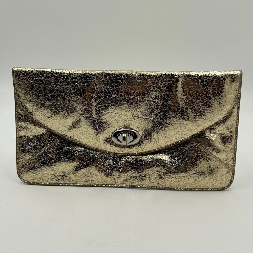 Sorial Clutch Womens OS‎ Gold Metallic Cracked Leather Turnlock Glam Night Out